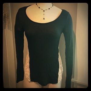 Long sleeve black knit top with lace accent